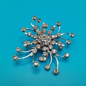 Vintage Rhinestone Starburst Brooch Silver Tone Bridal Pin 2.5”